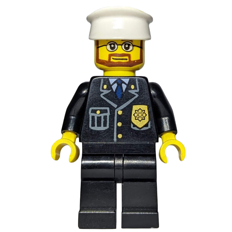 fig-007805 – Policeman, Black Suit with Badge, White Hat, Beard and Glasses