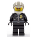 fig-007807 – Policeman, Black Jacket with Zipper, Radio, and Badge, White Helmet and Visor, Orange Sunglasses