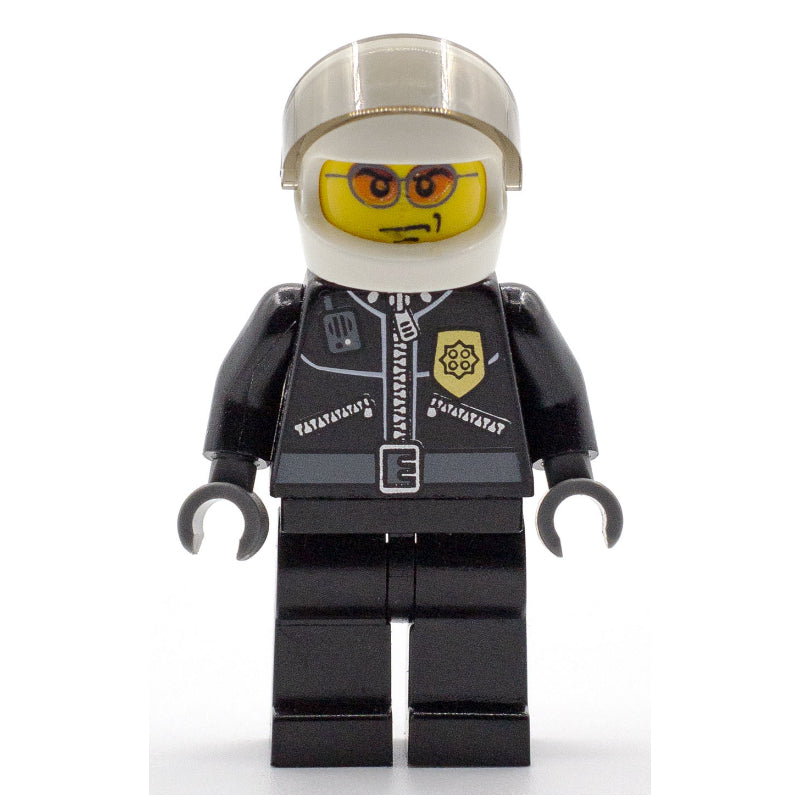 fig-007807 – Policeman, Black Jacket with Zipper, Radio, and Badge, White Helmet and Visor, Orange Sunglasses