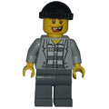 fig-007808 – Criminal, Open Light Bluish Gray Jacket over Prison Shirt, Dark Bluish Gray Legs, Black Hat, Missing Tooth (3626b Head)