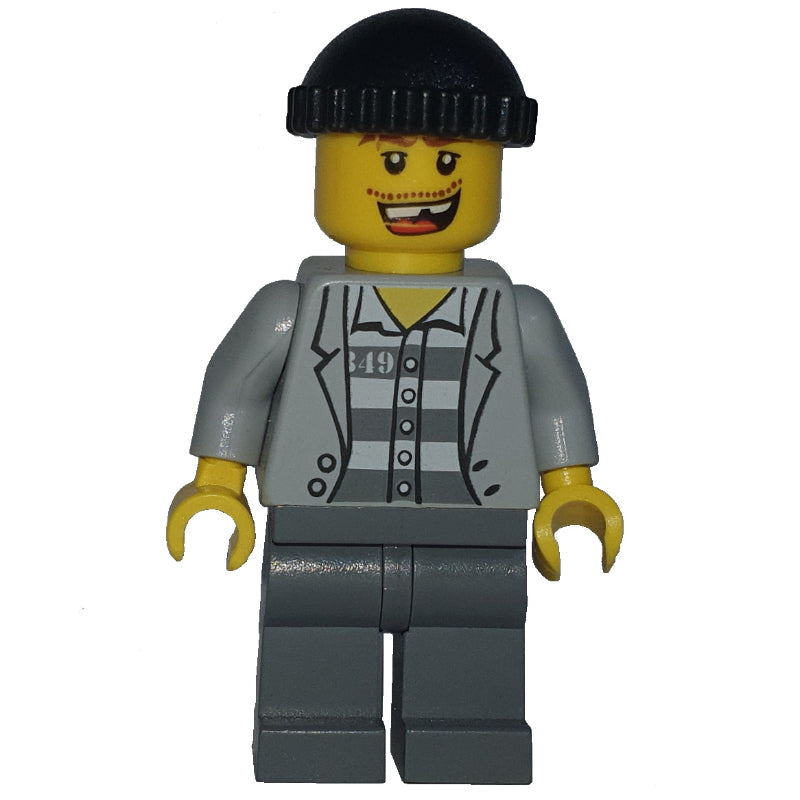 fig-007808 – Criminal, Open Light Bluish Gray Jacket over Prison Shirt, Dark Bluish Gray Legs, Black Hat, Missing Tooth (3626b Head)