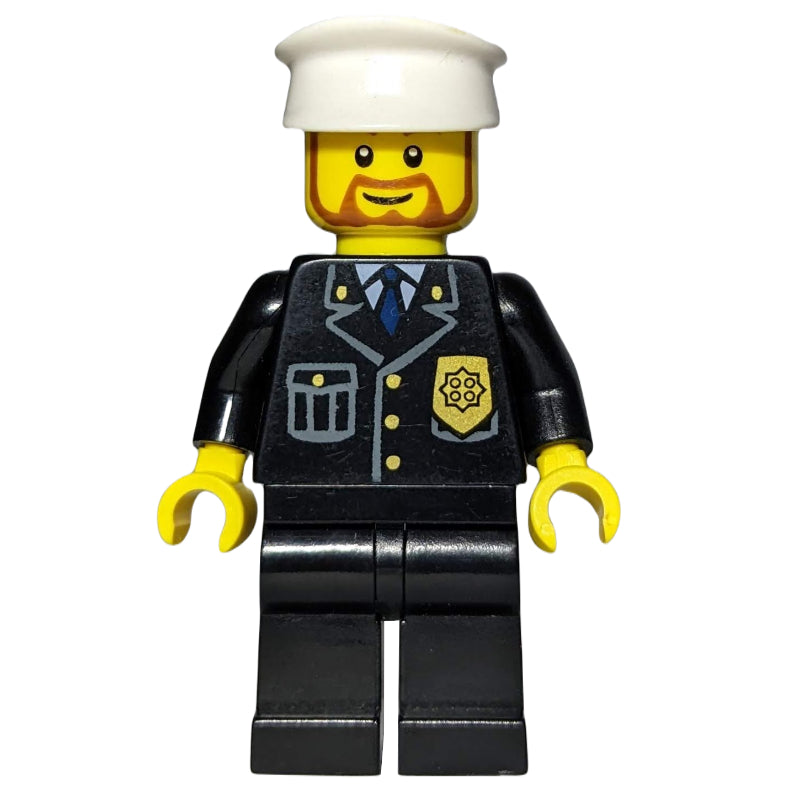 fig-007810 – Policeman, Black Suit with Badge, White Hat, Brown Beard