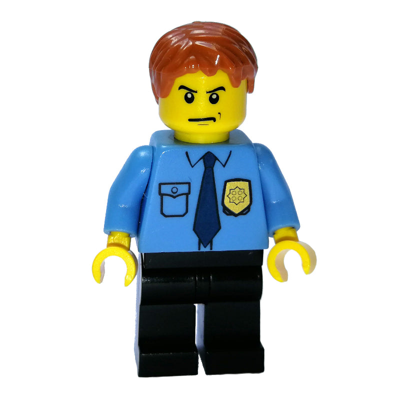 fig-007812 – Policeman, Medium Blue Shirt with Badge and Tie, Black Legs, Dark Orange Hair