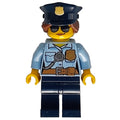 fig-007826 – Policewoman, Bright Light Blue Shirt with Radio and Badge, Dark Blue Legs, Police Hat with Badge, Sunglasses