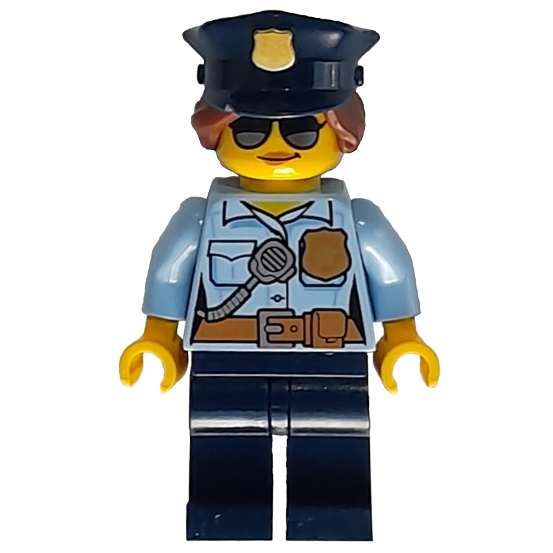 fig-007826 – Policewoman, Bright Light Blue Shirt with Radio and Badge, Dark Blue Legs, Police Hat with Badge, Sunglasses