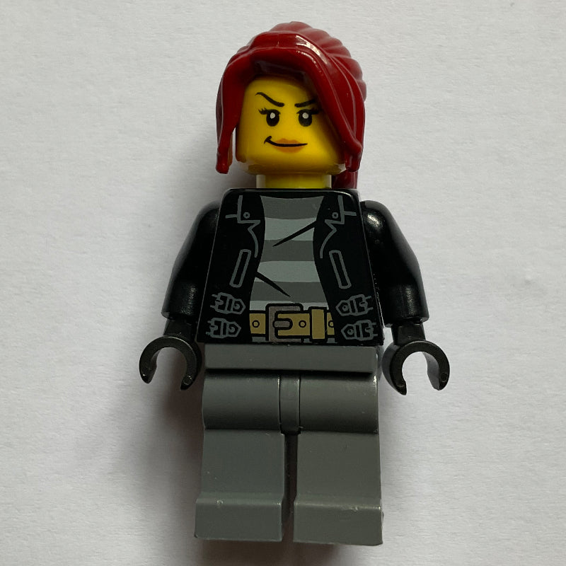 fig-007827 – Criminal, Woman, Open Black Jacket over Prison Shirt, Dark Red Hair