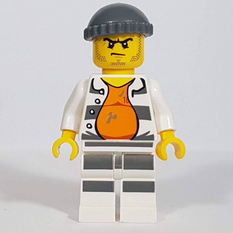 fig-007829 – Criminal, Open Prison Shirt #18675 over Orange Top, Dark Bluish Gray Hat, Stubble