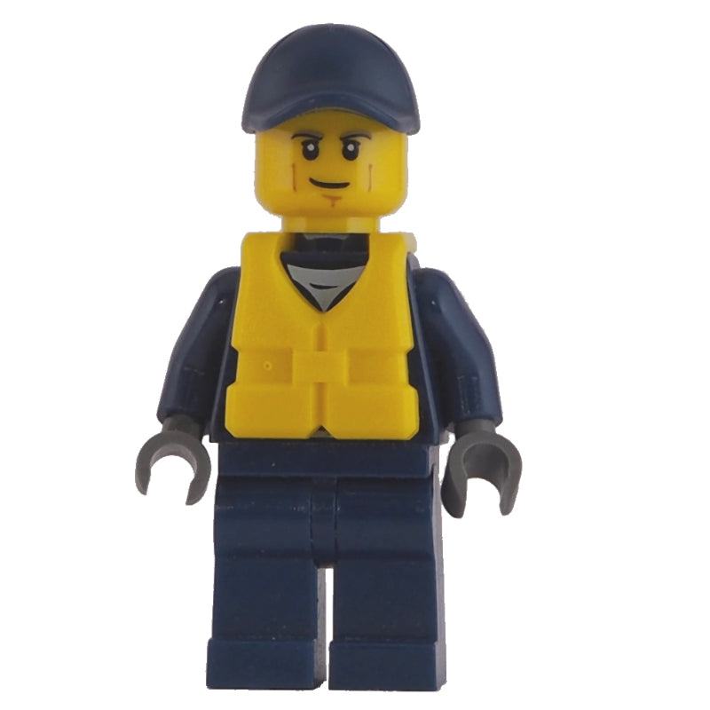 fig-007832 – Policeman, Dark Blue Jacket with Zipper, Badge, and 'POLICE' on Back, Dark Blue Cap, Yellow Life Vest