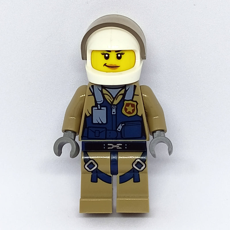 fig-007833 – Policewoman, Dark Blue Vest over Dark Tan Jacket with Zipper and Badge, White Helmet with Visor