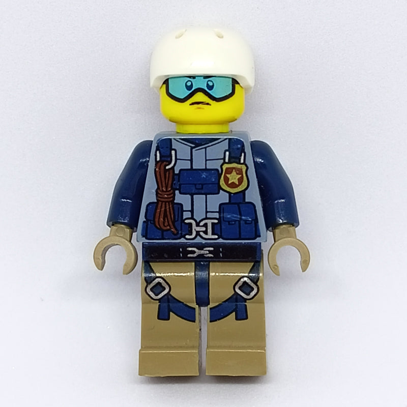 fig-007834 – Policeman, Sand Blue Jacket with Badge, Rope, and Straps, White Helmet, Blue Goggles