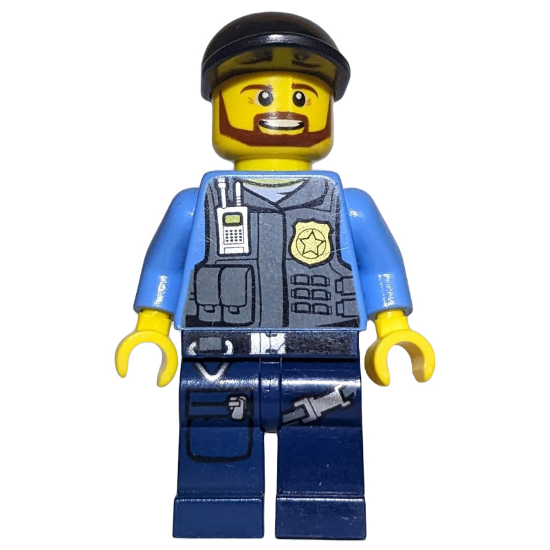 fig-007838 – Policeman, Dark Bluish Gray Vest with Radio, Badge and Pouches over Medium Blue Shirt, Black Cap, Beard