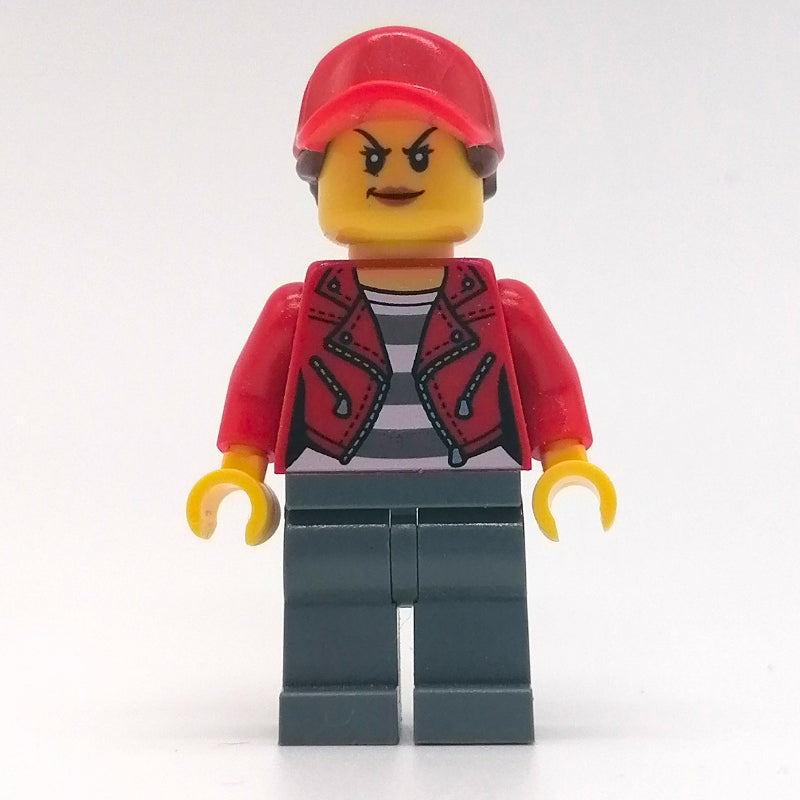 fig-007841 – Criminal, Woman, Open Red Jacket over Prison Shirt, Red Cap with Hair