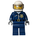 fig-007843 – Policeman, Dark Blue Jacket with Zipper, Badge, and 'POLICE' on Back, White Helmet with Visor, Silver Sunglasses