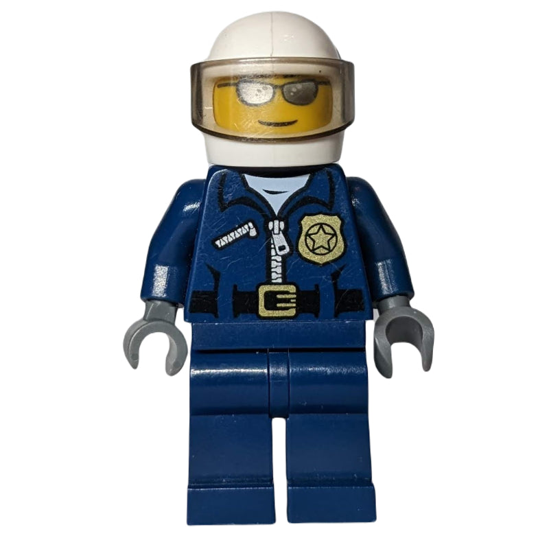 fig-007843 – Policeman, Dark Blue Jacket with Zipper, Badge, and 'POLICE' on Back, White Helmet with Visor, Silver Sunglasses