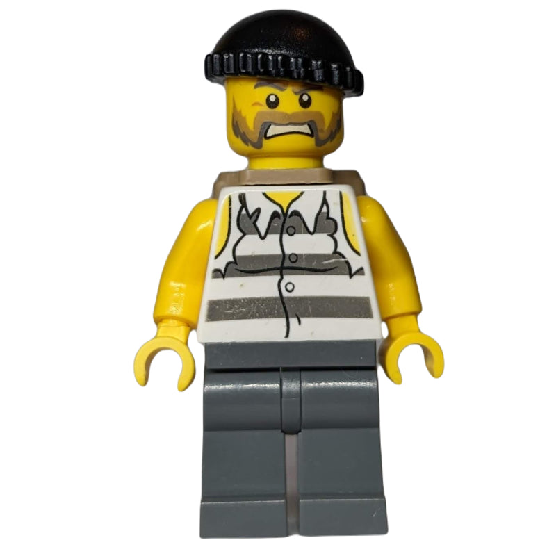 fig-007844 – Criminal, Torn Prison Shirt, Dark Bluish Gray Legs, Black Hat, Dark Tan Backpack Beard