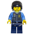 fig-007847 – Policeman, Dark Bluish Gray Vest with Radio, Badge and Pouches over Medium Blue Shirt, Black Hat with Visor, Open Mouth