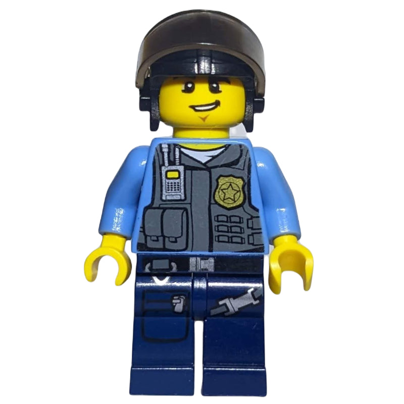 fig-007847 – Policeman, Dark Bluish Gray Vest with Radio, Badge and Pouches over Medium Blue Shirt, Black Hat with Visor, Open Mouth