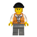 fig-007851 – Criminal, Open Orange Safety Vest Over Prison Shirt, Black Hat, Stubble
