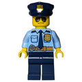 fig-007852 – Policeman, Bright Light Blue Shirt with Dark Blue Tie, Badge, and Radio on Belt, Dark Blue Police Hat with Badge, Sunglasses