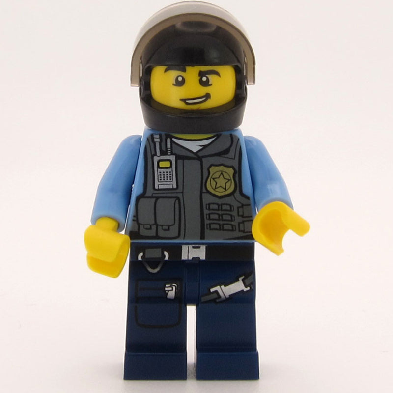 fig-007853 – Policeman, Dark Bluish Gray Vest with Radio, Badge and Pouches over Medium Blue Shirt, Black Helmet with Visor, Open Mouth