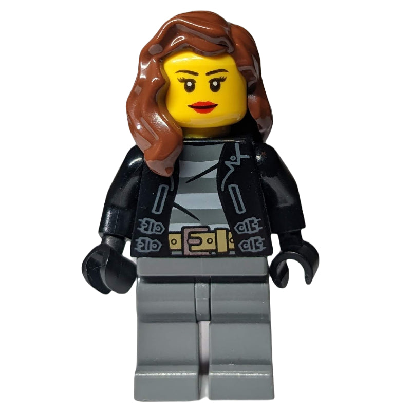 fig-007854 – Criminal, Woman, Open Black Jacket over Prison Shirt, Reddish Brown Hair
