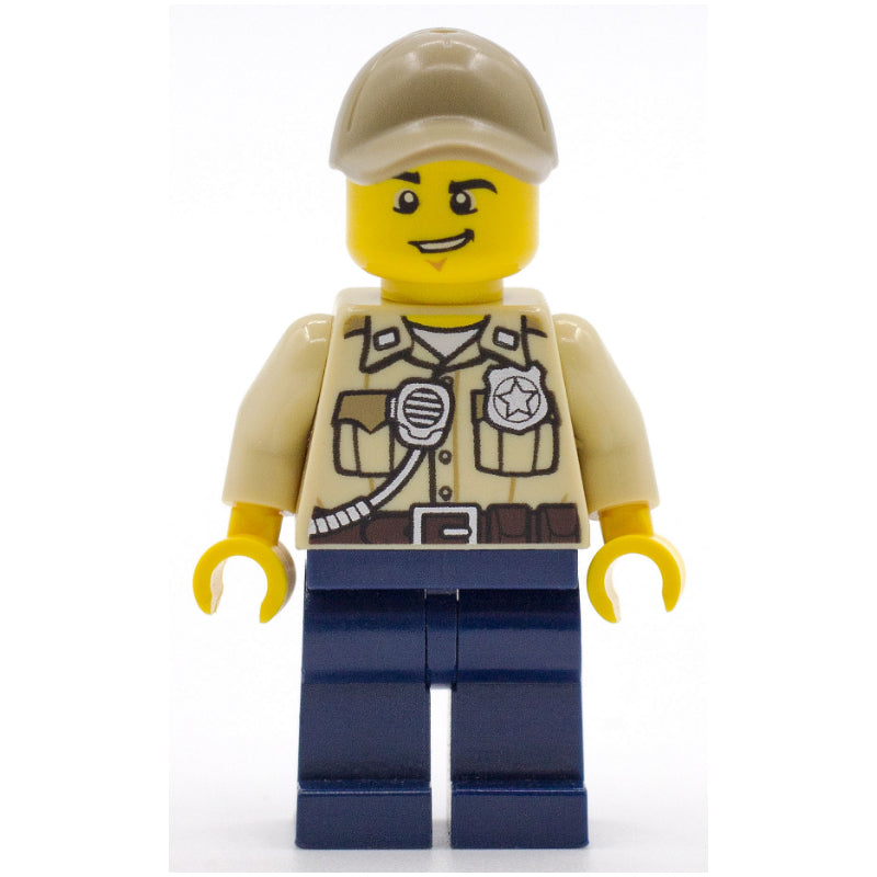 fig-007858 – Swamp Police / Ranger, Tan Shirt with Badge and Radio, Dark Blue Legs, Dark Tan Cap