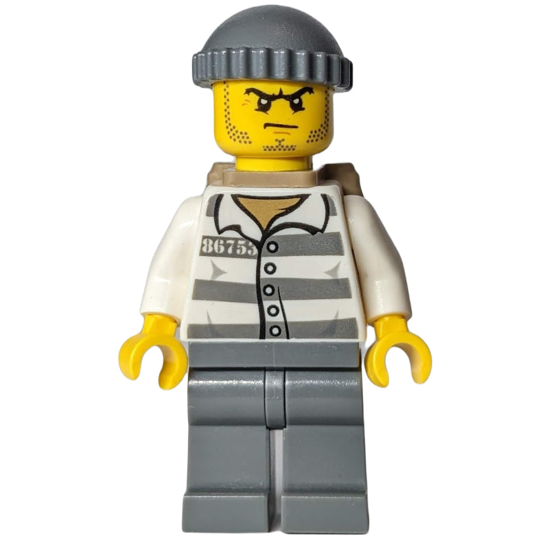 fig-007859 – Criminal, Prison Shirt with #86753, Dark Bluish Gray Legs, Dark Bluish Gray Hat, Dark Tan Backpack