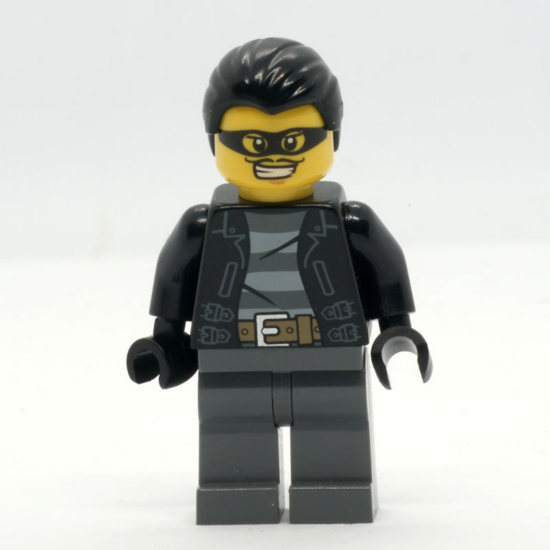 fig-007861 – Criminal, Open Black Jacket over Prison Shirt, Dark Bluish Grey Legs, Black Hair, Black Eyemask