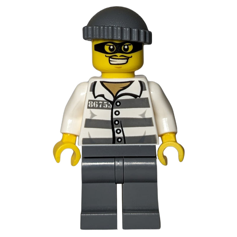 fig-007864 – Criminal, Prison Shirt with #86753, Dark Bluish Gray Legs, Dark Bluish Gray Hat, Black Eyemask