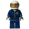 fig-007867 – Policeman, Dark Blue Jacket with Zipper, Badge, and 'POLICE' on Back, White Helmet with Visor, Open Mouth