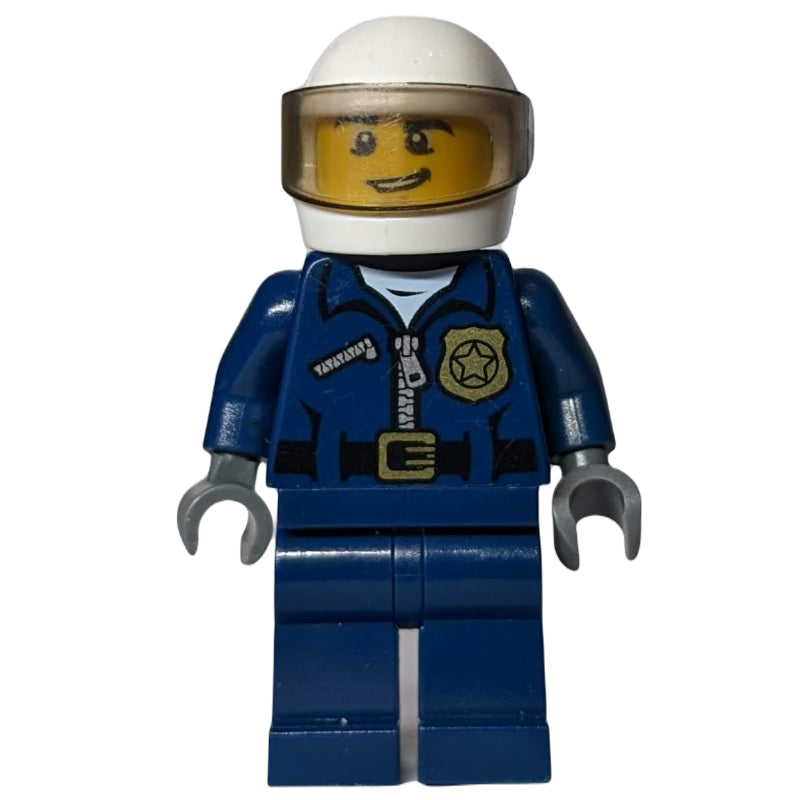 fig-007867 – Policeman, Dark Blue Jacket with Zipper, Badge, and 'POLICE' on Back, White Helmet with Visor, Open Mouth