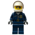 fig-007868 – Policeman, Dark Blue Jacket with Zipper, Badge, and 'POLICE' on Back, White Helmet with Visor, Sunglasses