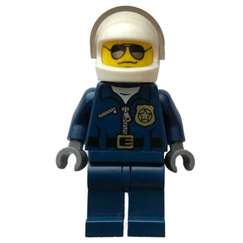 fig-007868 – Policeman, Dark Blue Jacket with Zipper, Badge, and 'POLICE' on Back, White Helmet with Visor, Sunglasses