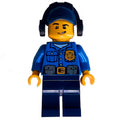 fig-007869 – Policeman, Blue Shirt with Badge and Pouches, Dark Blue Legs, Dark Blue Cap with Ear Defenders