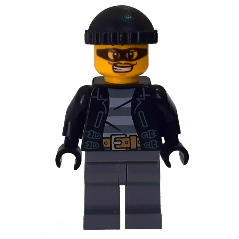 fig-007870 – Criminal, Open Black Jacket over Prison Shirt, Dark Bluish Grey Legs, Black Hat, Black Eyemask