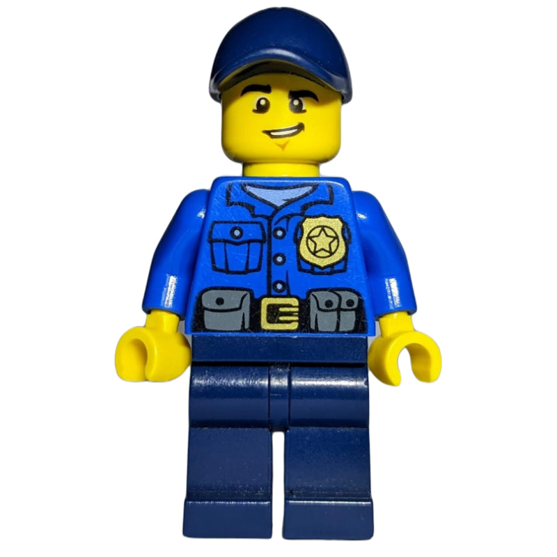 fig-007871 – Policeman, Blue Shirt with Badge and Pouches, Dark Blue Legs, Dark Blue Cap