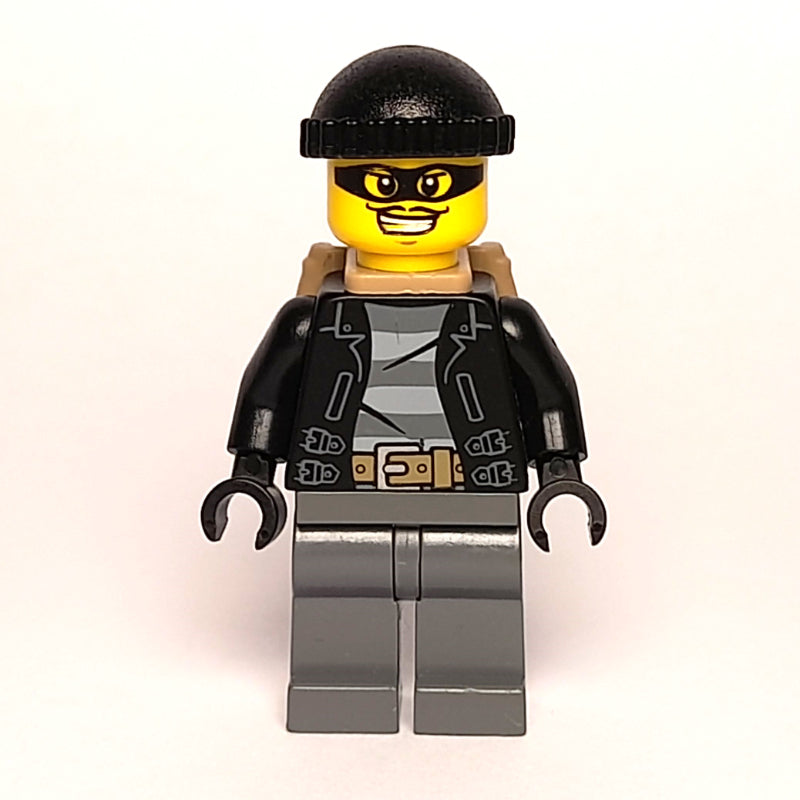 fig-007873 – Criminal, Open Black Jacket over Prison Shirt, Dark Bluish Grey Legs, Black Hat, Dark Tan Backpack, Black Eyemask