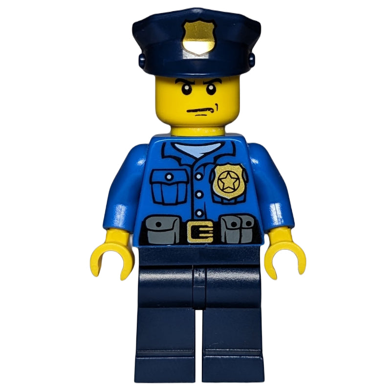 fig-007874 – Policeman, Blue Shirt with Badge and Pouches, Dark Blue Legs, Dark Blue Police Hat with Badge, Stern