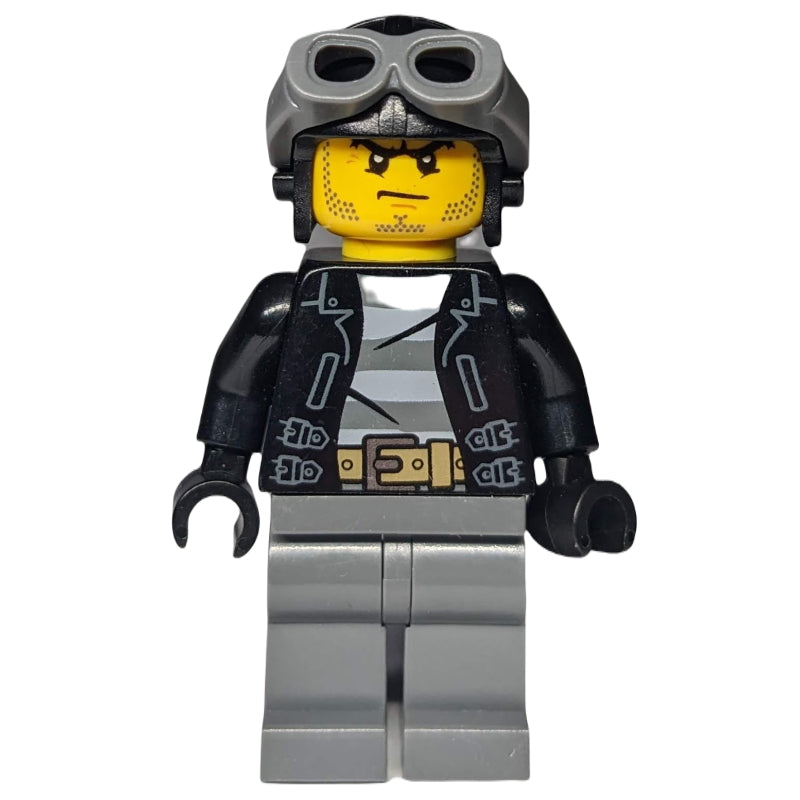 fig-007876 – Criminal, Open Black Jacket over Prison Shirt, Dark Bluish Grey Legs, Black Hat with Goggles