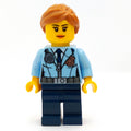 fig-007878 – Policewoman, Bright Light Blue Jacket with Zipper, Radio, Badge, and Tie, Dark Blue Legs, Medium Nougat Hair