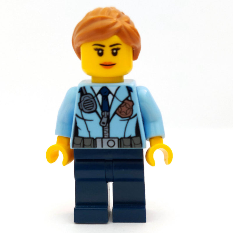 fig-007878 – Policewoman, Bright Light Blue Jacket with Zipper, Radio, Badge, and Tie, Dark Blue Legs, Medium Nougat Hair