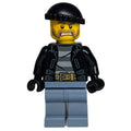 fig-007879 – Criminal, Open Black Jacket over Prison Shirt, Sand Blue Legs, Black Hat, Beard
