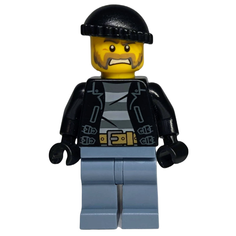 fig-007879 – Criminal, Open Black Jacket over Prison Shirt, Sand Blue Legs, Black Hat, Beard