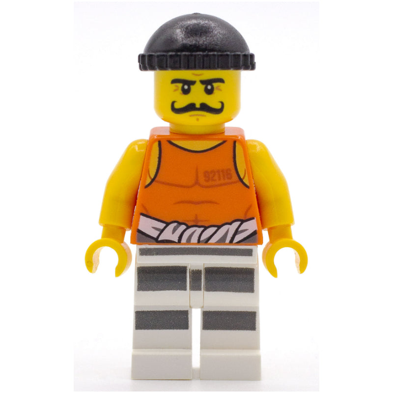 fig-007881 – Criminal, Orange Vest with #92116 and Waist Tied Prison Shirt, Black Hat, Moustache