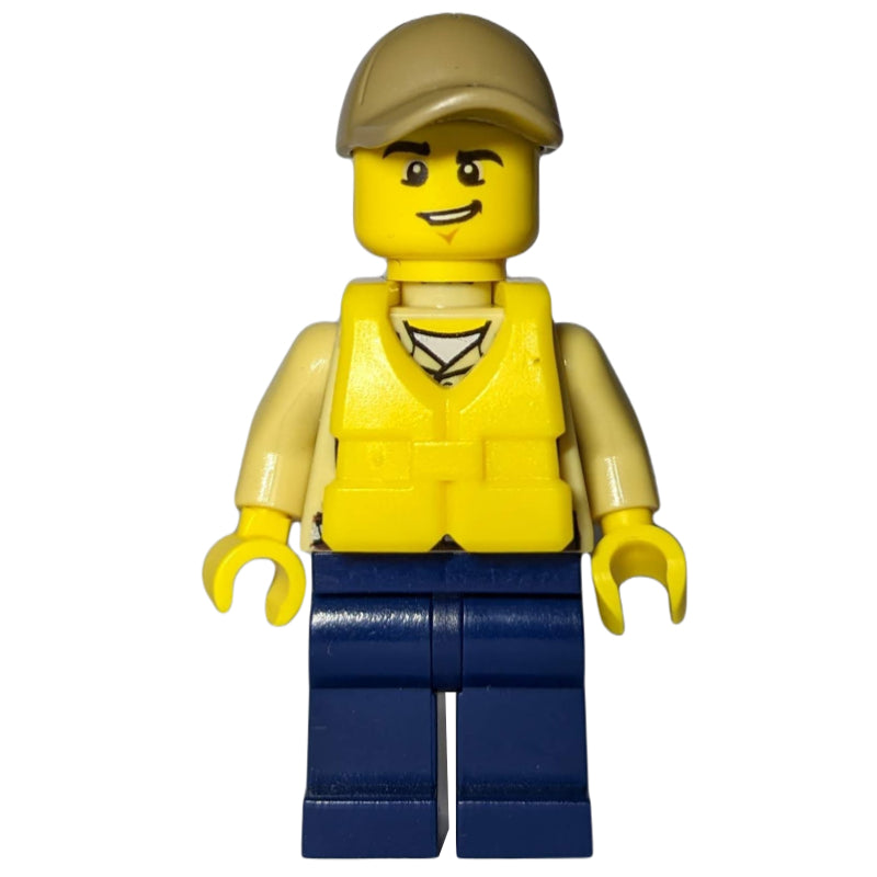 fig-007882 – Swamp Police / Ranger, Tan Shirt with Badge and Radio, Dark Blue Legs, Dark Tan Cap, Yellow Life Vest