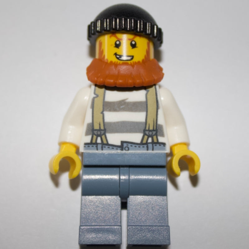 fig-007883 – Criminal, Prison Shirt with Suspenders, Black Hat, Dark Orange Beard