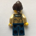 fig-007886 – Swamp Police / Ranger, Woman, Dark Tan Vest with Zipper, Radio, and Badge, Dark Blue Legs, Dark Brown Hair