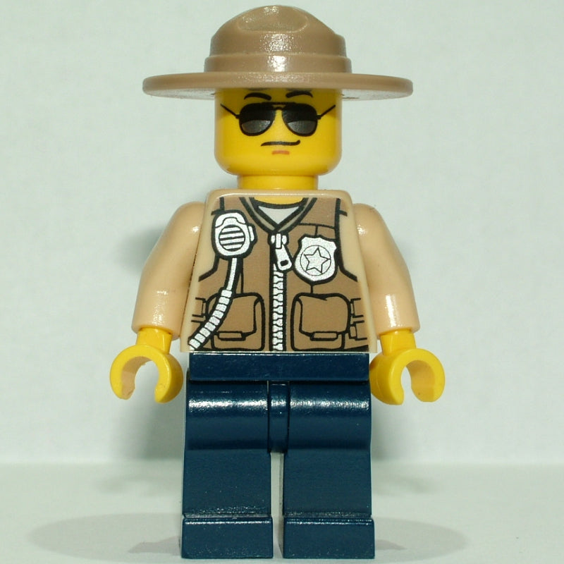 fig-007887 – Swamp Police / Ranger, Dark Tan Vest with Zipper, Radio, and Badge, Dark Blue Legs, Tan Campaign Hat, Sunglasses