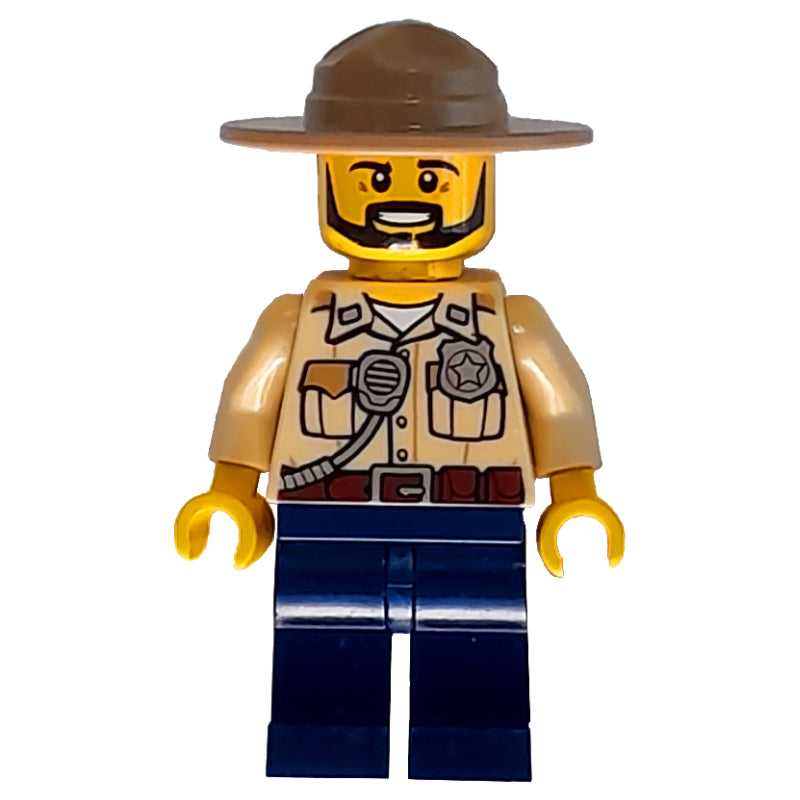 fig-007888 – Swamp Police / Ranger, Tan Shirt with Badge and Radio, Dark Blue Legs, Dark Tan Campaign Hat, Beard