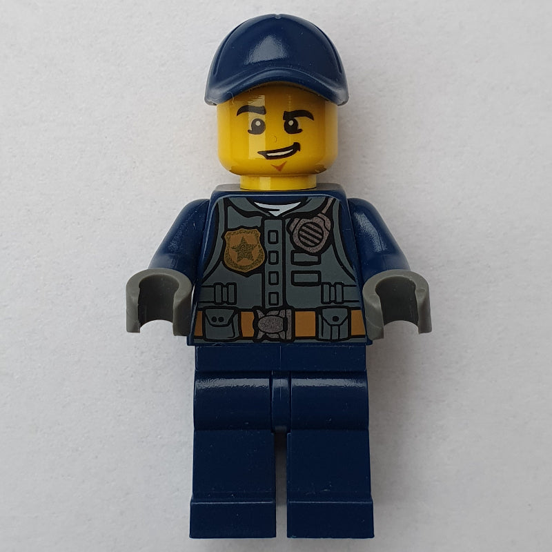 fig-007889 – Policeman, Dark Bluish Gray Vest with Radio, Badge and Pouches over Dark Blue Shirt, Dark Blue Cap